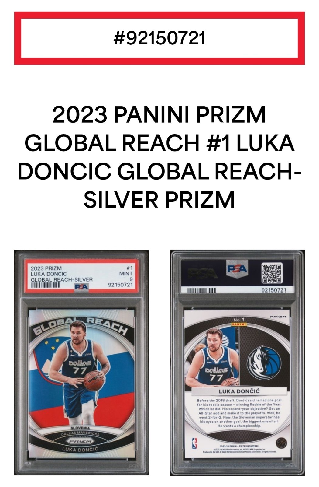🏀 Luka DONCIC *Silver Global Reach* PSA 9 2023 Panini Prizm #1 POP 21 🔥 Mint view 3