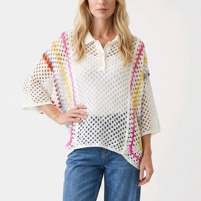 Oversize Strickpulli Lochmuster Baumwolle OS 38 40 42 Top Kurzarm Kragen Weiß