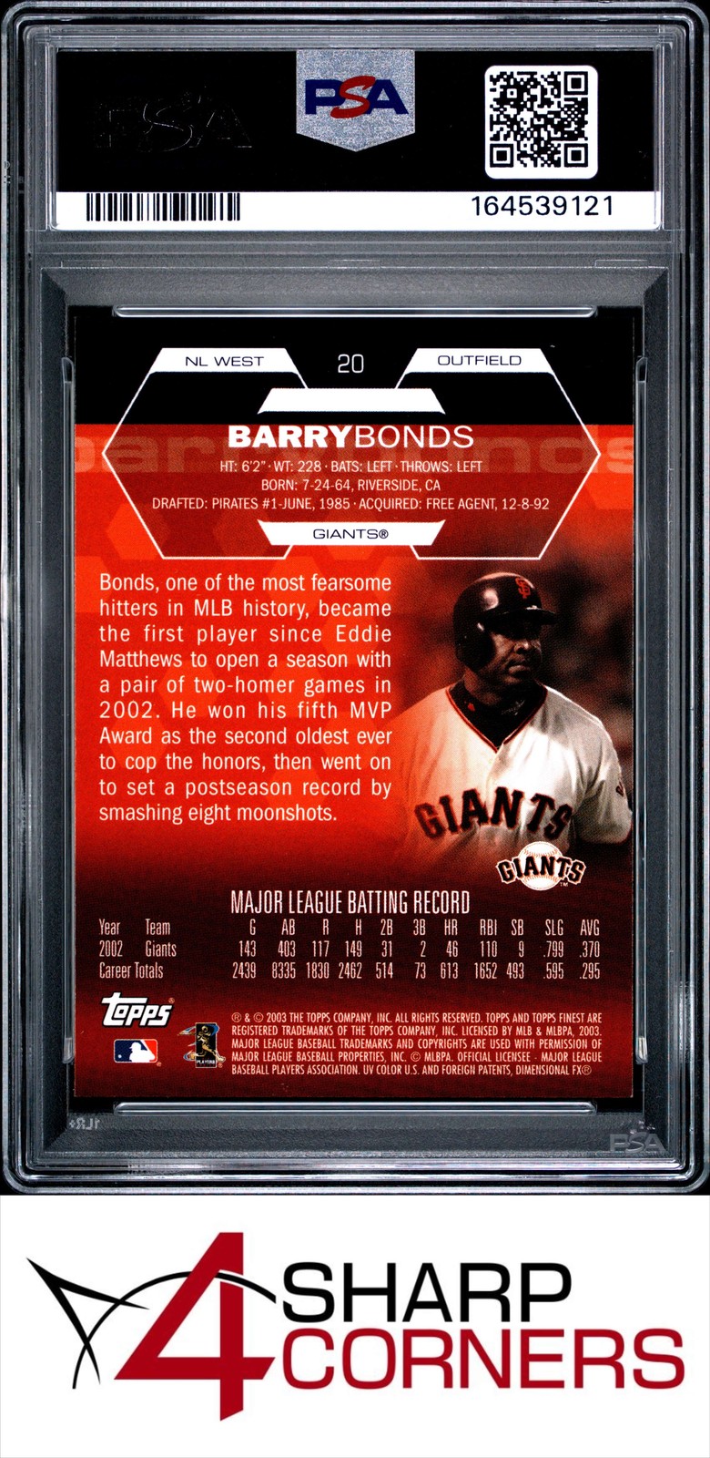 2003 FINEST #20 BARRY BONDS GIANTS PSA 10 view 2