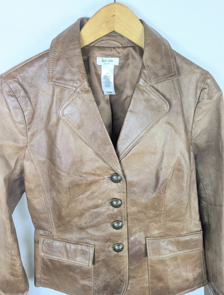 Chaqueta de cuero para mujer Liz & Co talla grande marrón cuero genuino forrada de satén Foto 2 de 4