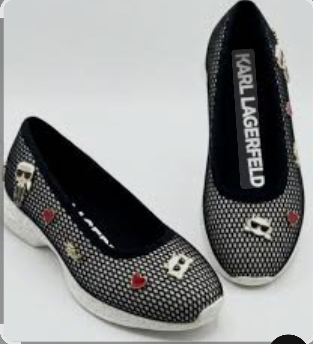 Karl Lagerfeld Mesh Ballet Flats Black Logo Heart Character Accents Slip On