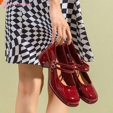 Women's Patent Leather Mary Jane Mid Block Heel Ankle Strap Square Toe Shoes