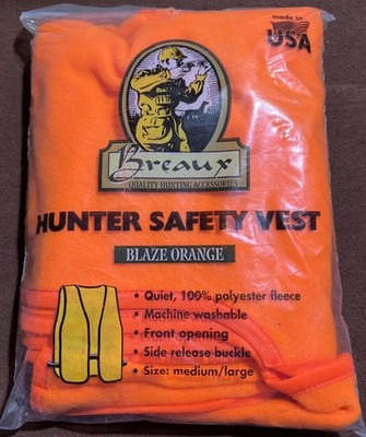 BREAUX BLAZE ORANGE SAFETY VEST. SIZE: MEDIUM/LARGE.