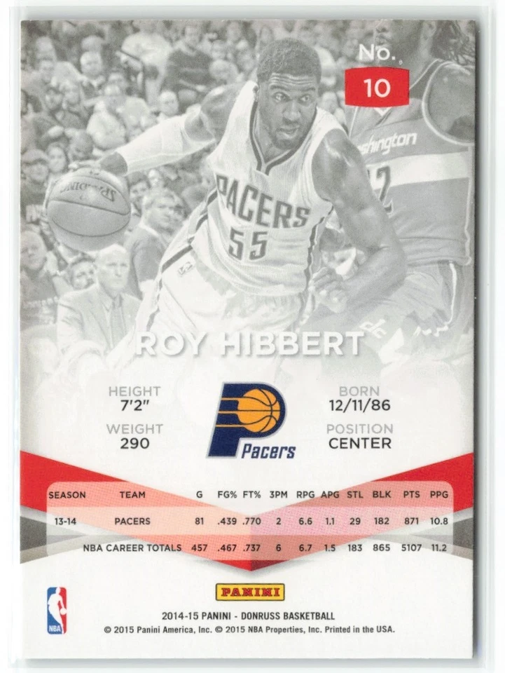 2014-15 Donruss Elite Roy Hibbert Indiana Pacers #10 - Image 2 of 2