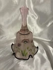 FENTON Rare Pink Iridescent 7” Bell w/ 6  Black Ruffled Crimps Signed by Artist!