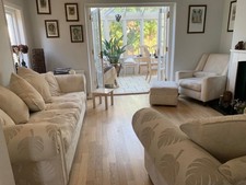 Cream Fabric Sofa Set 4 Seater + 3 Seater + Armchair + Footstool Leaf Pattern