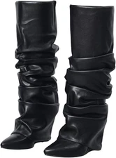 Yishaweiqi Slouched Ruched Fold Over Boots for Women Covered Wedge Heel Patent L