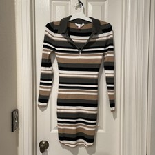No Boundaries Sweater Dress Juniors M Green and Tan Stripe Zip Y2K Grunge NEW