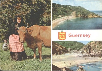 Vintage Guernsey Postkarte Cotman-Farbe Milchmädchen Kuh Küste Strände