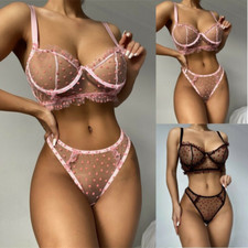 Women Lace Sheer Mesh Lingerie Set Push Up Bra See-Through Thong Panty Nightwear