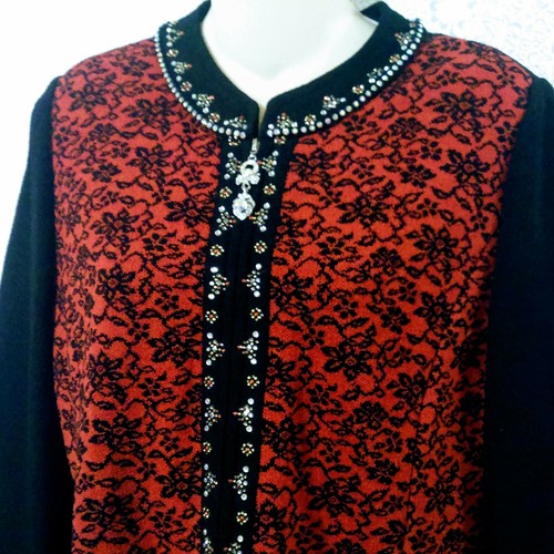Escalier Rhinestone Embellished Red Black Print Cardigan Sweater Size Med - Picture 4 of 6