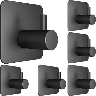 6 Pcs Adhesive Wall Hooks for Hanging - Waterproof Shower Universal, Black 