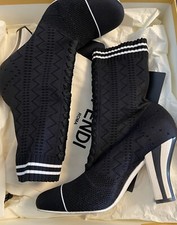 FENDI Knit Sock Rockoko Stretch Boots Black White Emily In Paris - Size 39