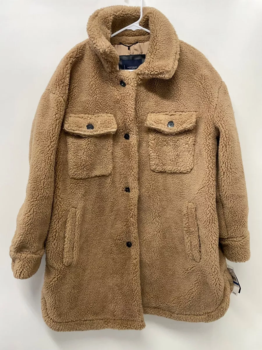 Lucky Brand Womens XL Faux Fur Mid Length Trucker Coat Sherpa Teddy