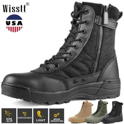 Mens Tactical Hiking Leather Military Ankle Boots Combat Police Work ...