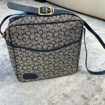 Vintage Celine Macadam C Horse Carriage Crossbody Shoulder Bag Gray Navy 