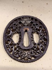 Japanese Antique Tsuba of Katana Samurai Sword Guard Iron Rare Design 72-C21