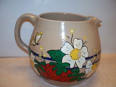 Vintage Stoneware Crock Pitcher Cobalt Blue Bands Painted Flowers