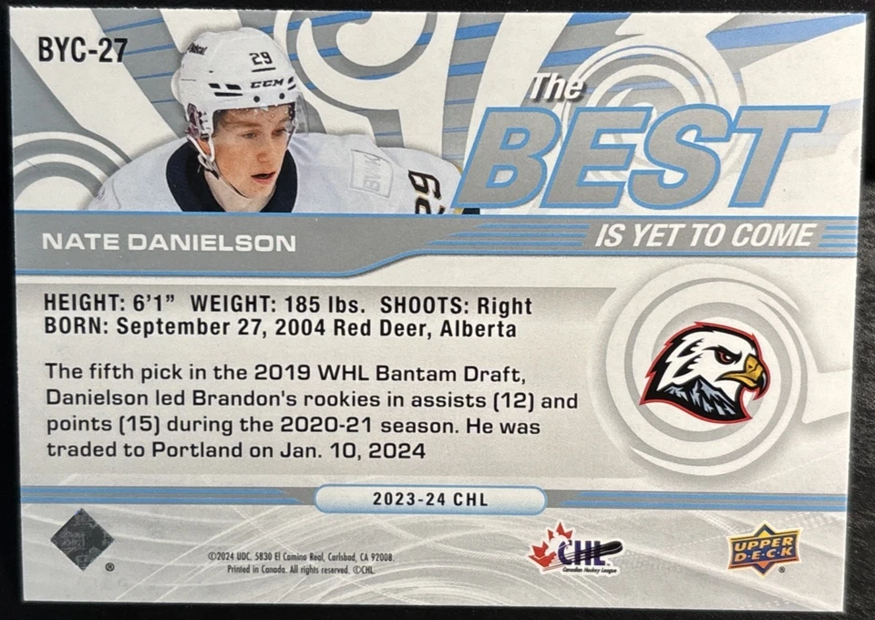 2023-24 23/24 Upper Deck CHL The Best is Yet to Come BYC-27 Nate Danielson - Image 2 of 2