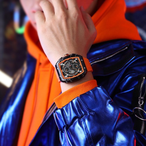 Reloj de pulsera cuadrado de lujo con banda de goma resistente al agua acero inoxidable con fecha para hombre - Imagen 12 de 25