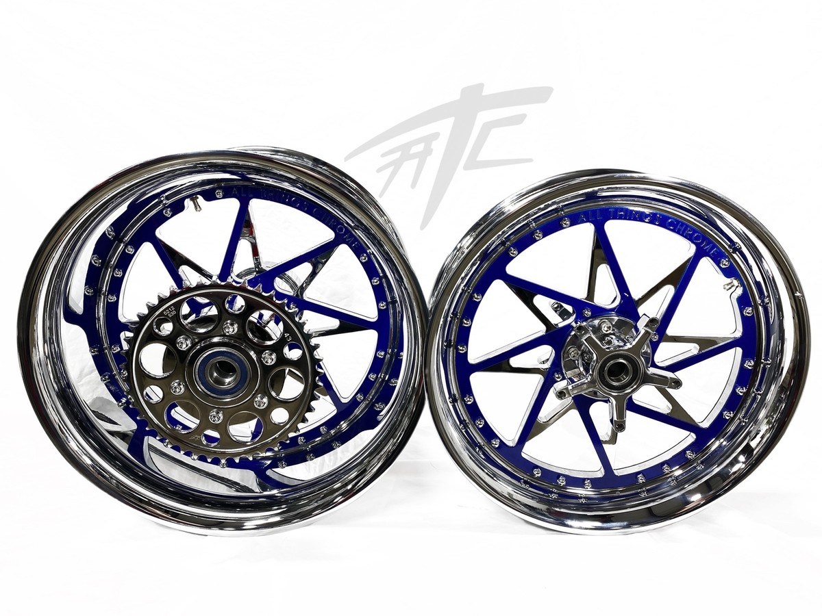 STOCK SIZE CHROME/ROYAL BLUE SWITCHBACK WHEELS 06-11 KAWASAKI