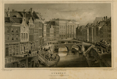 Antiker Druck-UTRECHT-OUDE GRACHT-KANAL-RATHAUS-NIEDERLANDE-Terwen-Kurz-1863