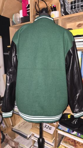 Bomber Jacket Unisex Green Black Varsity Bones PU Leather - Picture 3 of 5