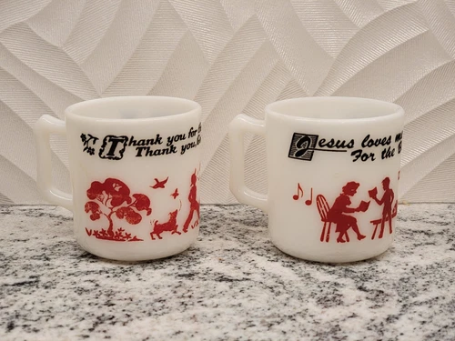 VTG Hazel Atlas Child's Milk Glass Prayer Mugs Cups Red and Black Jesus Loves Me