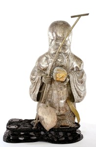 1900's Chinese Sliver Plated NOT SILVER Shoulo Buddha Figure Wood Stand 41CM 鍍銀
