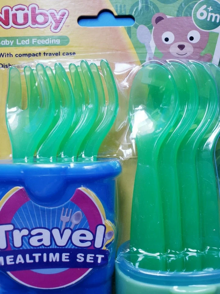 NUBY BABY LED FEEDING TRAVEL MEALTIME SET WITH CASE SET OF 8 GREEN BLUE NEW - Image 4 of 4