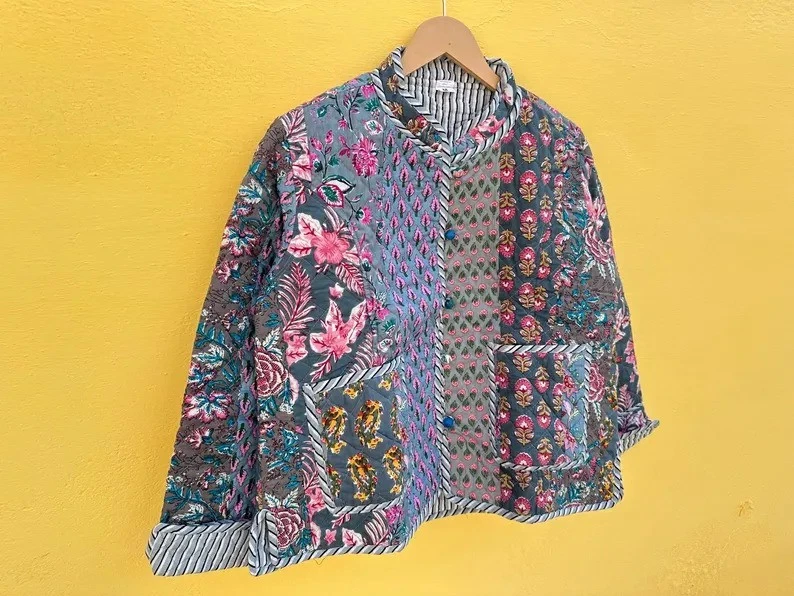 Indian Gray Patchwork Cotton Jacket,Quilted Unisex Jacket Womens Clothing Jacket