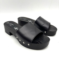 Seychelles Good Spirits Black Leather Block Heel Wood Platform Sandal 6.5 38