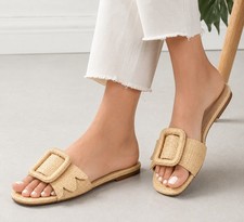 Birdies The Kiwi Natural Raffia Slide Sandals Buckle Woven Slip On Shoe 7.5 NEW