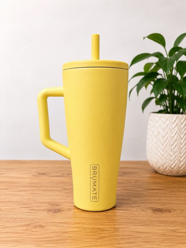 BrüMate 40oz Yellow Insulated Metal Tumbler w/ Handle Drink-Thru Lid Straw