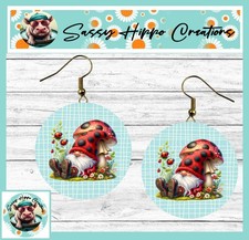 Earrings Round Gold Hook Backs Lady Bug Gnome Mushrooms Spring MDF Sublimated