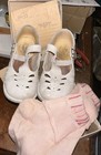 Antique Mary Jane Cutout Baby Childs Doll Leather T Strap Shoes White & Socks — photo 1