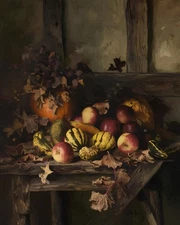 Harvest Table Still Life | Apples & Gourds | Vintage Oil Painting Museum Print