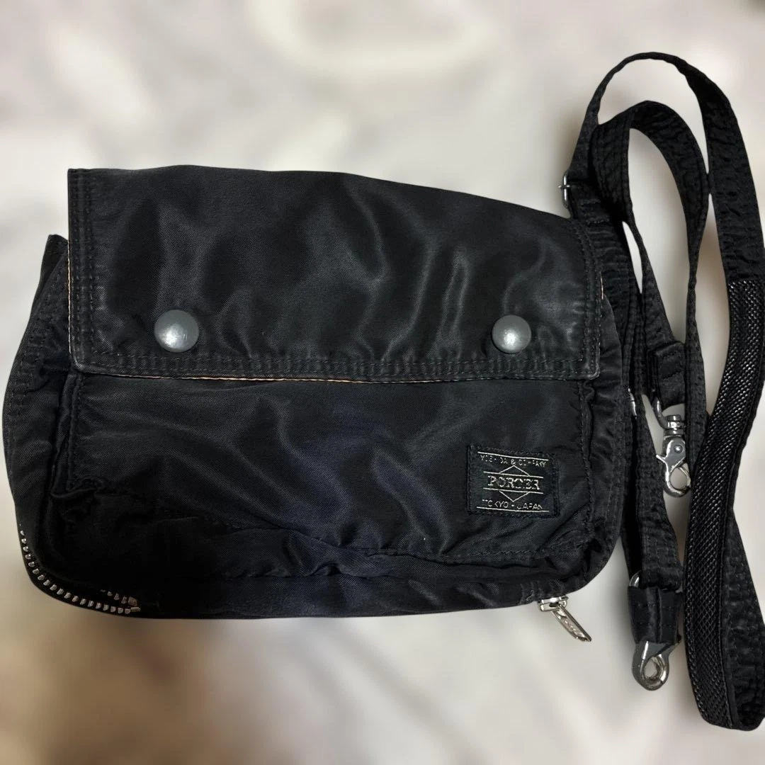 PORTER Yoshida TANKER 2Way Shoulder Bag Black Snap Flap Orange Lining Japan
