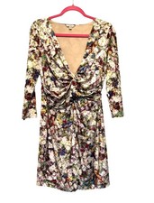 Guess Floral Long Sleeve Plunge Neck Dress Size L Stretch Lined Multicolor