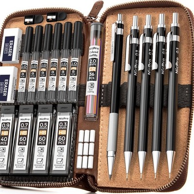 Nicpro 23-teiliges Metall-Druckbleistift-Set im Lederetui, schwarz 23-teilig, 