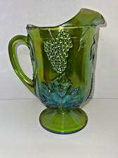 Indiana Glass Harvest Grape Iridescent Green Carnival Glass Footed Pitcher — listing 3