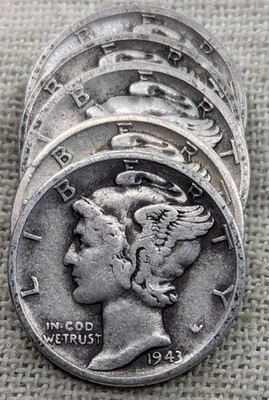 Lot of 5 Silver Mercury Dimes : Randomly Selected - 90% Silver, Junk Silver