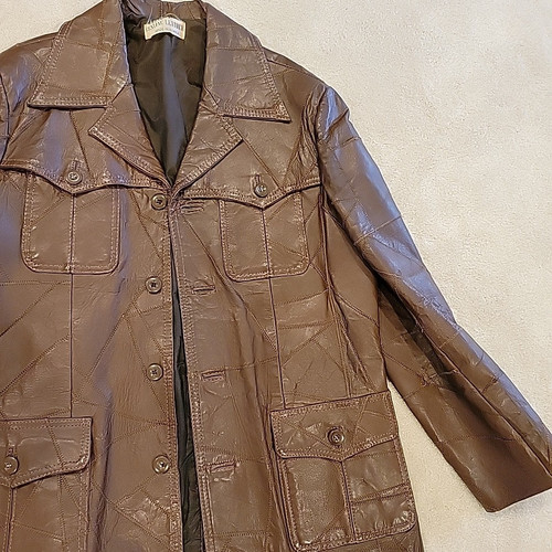 Giacca patchwork pelle vintage anni 60-70 uomo 42 Woodstock patch tasca marrone - Foto 2 di 24