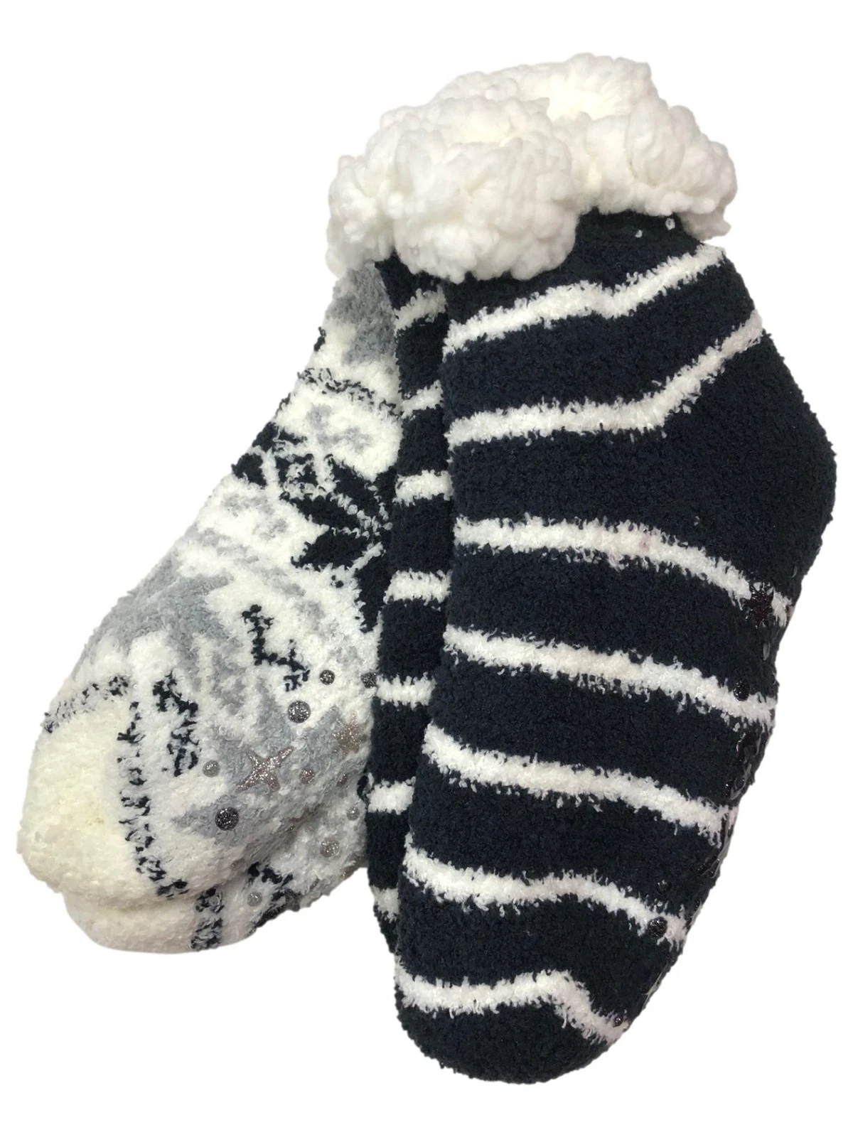 Muk Luks Womens 2 Pair Short Sherpa Cabin Socks Black Stripe Slippers OSFM