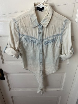 Light Wash Distressed Tie-Front Snap Button Jean Cowgirl Country Tie Sleeve