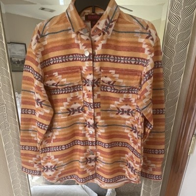 Rock & Roll Denim Women's Orange Brown Aztec Snap Jacket Pockets Long Sleeve XS
