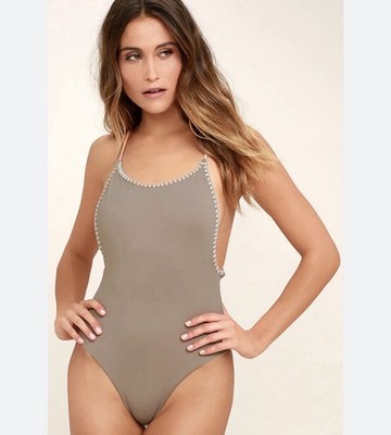 BOND-EYE Sunday Session Reversible Taupe Pale Pink 1 piece Swimsuit Size 2