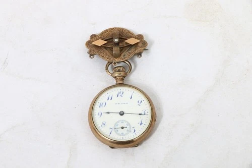 ANTIQUE WALTHAM GOLD FILLED 15 JEWELS POCKET WATCH WITH BROOCH