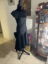 70s VNTG Zum Zum Bow In The Back Evening Dress Sz 7 Black Glittery Top Hi-Lo Hem