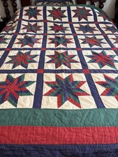 Blue Green Red Stars Pattern Homemade Queen/Full Size Quilt Cotton 78 X 81 Vtg
